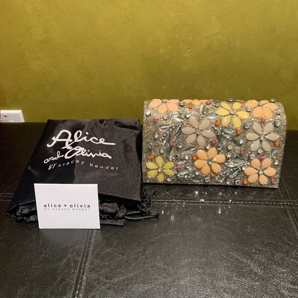 Alice + Olivia - Rhinestone & Beaded Flower Evening Clutch Handbag - Picture 3 of 9